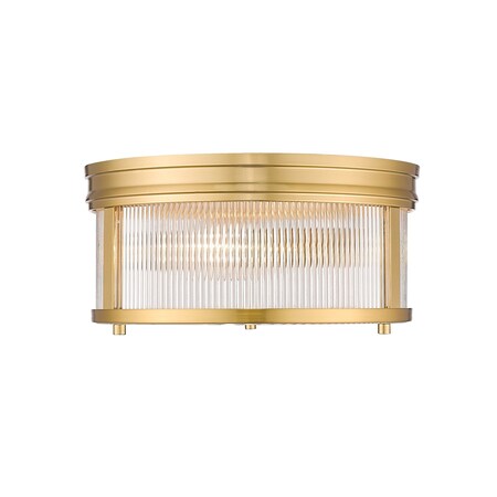 Z-Lite Carnaby Flush Mount, 2-Light, 13 In.W x 6.5 In.H, Modern Gold/Clear Ribbed 7504FR13-MGLD